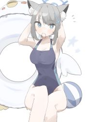 Rule 34 | 1girl, absurdres, ainkun, animal ear fluff, animal ears, arms up, ball, beachball, blue archive, blush, breasts, cat ears, cleavage, competition swimsuit, covered navel, cross hair ornament, grey hair, groin, hair ornament, hair tie, halo, highres, innertube, invisible chair, looking at viewer, medium breasts, medium hair, mismatched pupils, mouth hold, notice lines, one-piece swimsuit, shiroko (blue archive), shiroko (swimsuit) (blue archive), sitting, solo, swim ring, swimsuit, wet