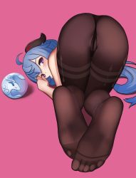 Rule 34 | 1girl, ahoge, all fours, ass, bare shoulders, blue hair, blush, bodysuit, cameltoe, from behind, ganyu (genshin impact), genshin impact, highres, horns, long hair, looking at viewer, looking back, panapana (pixiv 12562150), pantyhose, purple eyes, solo, top-down bottom-up, very long hair