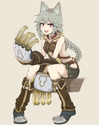 Rule 34 | 10s, 1girl, :3, animal ears, belt, boots, braid, claw (weapon), collar, erune, fang, granblue fantasy, grey hair, highres, hood, hoodie, long hair, looking at viewer, open mouth, red eyes, ringed eyes, sen (granblue fantasy), sitting, skirt, solo, very long hair, weapon, yuugremusi