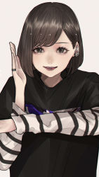 Rule 34 | 1girl, bad id, bad pixiv id, black shirt, bob cut, brown eyes, brown hair, close-up, earrings, highres, jewelry, licking lips, looking at viewer, mano aaa, original, piercing, pinky ring, shirt, solo, striped sleeves, tongue, tongue out, ultra series, ultraman (1st series)