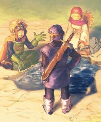 Rule 34 | 1girl, 2boys, bag, blonde hair, bottle, cape, dragon quest, dragon quest ii, closed eyes, facing away, gloves, goggles, goggles on headwear, indian style, long hair, multiple boys, outdoors, prince of lorasia, prince of samantoria, princess of moonbrook, robe, satchel, scabbard, sheath, sitting, sword, water, weapon, yuza