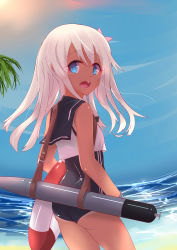 Rule 34 | 10s, 1girl, absurdres, ass, beach, blonde hair, blue eyes, crop top, day, flower, hair flower, hair ornament, highres, kantai collection, lifebuoy, long hair, looking back, one-piece swimsuit, open mouth, outdoors, ro-500 (kancolle), sailor collar, school swimsuit, school uniform, serafuku, solo, swim ring, swimsuit, swimsuit under clothes, tan, tanline, torpedo, water, yangkki@tsuin teeru