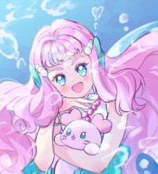 Rule 34 | 1girl, :d, animal, blue eyes, blush, bracelet, commentary request, hair ornament, heart, highres, holding, holding animal, jewelry, kururun (precure), laura la mer, long hair, looking at viewer, magical girl, mermaid, monster girl, nail polish, open mouth, pearl hair ornament, pink hair, precure, seal (animal), simple background, smile, solo, sorashinakei k, tropical-rouge! precure, underwater