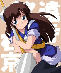 Rule 34 | 1girl, bioroid hei, blue eyes, brown hair, japanese clothes, kuonji ukyou, long hair, oversized object, ranma 1/2, retro artstyle, sleeves rolled up, solo, spatula