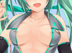 Rule 34 | 1girl, aqua hair, aqua nails, bad id, bad pixiv id, breasts, center opening, close-up, hatsune miku, head out of frame, iroha (unyun), long hair, nail polish, open clothes, open shirt, pink nails, shirt, smile, solo, twintails, vocaloid