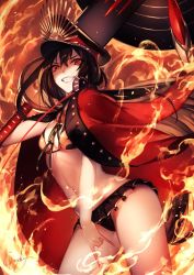 Rule 34 | 1girl, artist name, bikini, black hair, breasts, fate/grand order, fate (series), fire, genyaky, hand gesture, hat, headphones, headphones around neck, jacket, legs, long hair, looking at viewer, oda nobunaga (fate), oda nobunaga (koha-ace), oda nobunaga (swimsuit berserker) (fate), oda nobunaga (swimsuit berserker) (second ascension) (fate), peaked cap, red eyes, smile, solo, swimsuit, weapon
