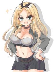 Rule 34 | 1girl, black hairband, blonde hair, breasts, commentary request, cropped jacket, green eyes, grey jacket, grey skirt, hairband, hands on own hips, highres, jacket, kantai collection, kasashi (kasasi008), large breasts, looking at viewer, midriff, nelson (kancolle), open clothes, open jacket, race queen, shadow, simple background, skirt, smile, solo, sparkle, white background