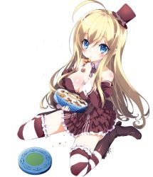 Rule 34 | 10s, 1girl, ahoge, blonde hair, blue eyes, blush, body blush, boots, breasts, checkerboard cookie, chocolat (noucome), cleavage, cookie, detached collar, detached sleeves, food, frilled skirt, frilled thighhighs, frills, hat, large breasts, long hair, looking at viewer, mini hat, ore no nounai sentakushi ga gakuen love-comedy wo zenryoku de jama shiteiru, shiny skin, skirt, solo, striped clothes, striped thighhighs, thighhighs, very long hair