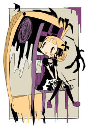 Rule 34 | 1girl, :d, between legs, black bow, black choker, black dress, black thighhighs, black wings, blonde hair, bloomers, blunt bangs, blush stickers, bob cut, border, bow, chair, choker, collarbone, demon wings, dress, dress bow, eye contact, foot dangle, frilled sleeves, frilled thighhighs, frills, full body, grey background, guillotine, guillotine girl (yukihi), hair bow, hair ornament, hand between legs, head tilt, holding, holding scissors, knees together feet apart, limited palette, looking at another, looking away, looking to the side, looking up, mini wings, monster, no nose, no pupils, on chair, open mouth, original, outside border, puffy short sleeves, puffy sleeves, purple eyes, purple footwear, ribbon trim, scissors, shoes, short dress, short hair, short sleeves, sitting, smile, tareme, thighhighs, underwear, v arms, white bloomers, white border, white bow, wings, yukihi