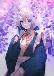 Rule 34 | 1girl, animal ears, blue eyes, blue hair, cat ears, cat girl, cat tail, chestnut mouth, colored inner hair, commentary request, floral print, flower, grey hair, highres, japanese clothes, kimono, long sleeves, looking at viewer, mashiro io, multicolored hair, neck ribbon, original, red ribbon, ribbon, signature, tail, wide sleeves, wisteria