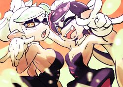 Rule 34 | + +, 2girls, absurdres, black hair, black jumpsuit, bow-shaped hair, breasts, callie (splatoon), cleavage, colo (nagrolaz), cousins, detached collar, earrings, fangs, food, food on head, gloves, highres, inkling, jewelry, jumpsuit, large breasts, long hair, marie (splatoon), mole, mole under eye, multiple girls, nintendo, object on head, open mouth, pantyhose, pointy ears, short hair, short jumpsuit, sideboob, small breasts, smile, splatoon (series), splatoon 1, sushi, tentacle hair, yellow eyes