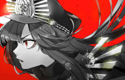 Rule 34 | 1girl, black hair, chain, close-up, eyelashes, family crest, fate/grand order, fate (series), hat, kaname ryou, limited palette, lips, long hair, looking ahead, oda nobunaga (fate), oda uri, parted lips, portrait, red background, red eyes, simple background, solo