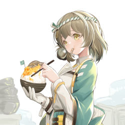 Rule 34 | 1girl, absurdres, arknights, bowl, brown hair, eating, fish, gloves, green jacket, headband, highres, holding, jacket, jiusan naitang, long sleeves, looking at viewer, magallan (arknights), magallan (shaved-ice memories) (arknights), medium hair, official alternate costume, open clothes, open jacket, rice, rice bowl, shirt, single glove, solo, upper body, white background, white gloves, white shirt, yellow eyes