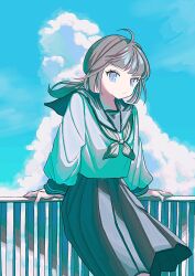 Rule 34 | 1girl, against railing, brown hair, closed mouth, cloud, cowboy shot, grey sailor collar, grey skirt, highres, kagenoyuhi, long hair, long sleeves, looking at viewer, neckerchief, original, pleated skirt, railing, sailor collar, school uniform, serafuku, shirt, skirt, sky, solo, standing, white shirt