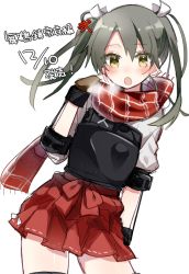 Rule 34 | 10s, 1girl, :o, bad id, bad pixiv id, blush, breath, gloves, grey eyes, grey hair, japanese clothes, kantai collection, looking at viewer, muneate, open mouth, partially fingerless gloves, partly fingerless gloves, plaid, plaid scarf, pleated skirt, red scarf, red skirt, scarf, single glove, skirt, solo, twintails, white background, yugake, yuyupo, zuikaku (kancolle)