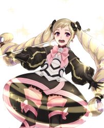 Rule 34 | 1girl, black bow, blonde hair, bow, danno gs, dress, earrings, elise (fire emblem), fire emblem, fire emblem fates, gloves, hair bow, highres, holding, holding staff, jewelry, long hair, long sleeves, multicolored hair, nintendo, open mouth, pink bow, purple eyes, purple hair, simple background, solo, sparkle, staff, twintails, white background