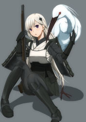 Rule 34 | 1059, 1girl, armor, bird, black pantyhose, blonde hair, crane (animal), gun, hair ornament, japanese armor, japanese clothes, kote, long hair, pantyhose, personification, purple eyes, rifle, shirohime quest, solo, transparent background, weapon