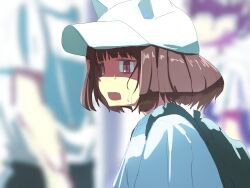 Rule 34 | 1girl, animal ears, backpack, bag, baseball cap, blunt bangs, blurry, blurry background, brown hair, commentary request, exhausted, fake animal ears, fang, hat, hot, kmnz, looking at viewer, mc liz, momoeolia, open mouth, outdoors, shirt, short hair, solo, sweatdrop, upper body, virtual youtuber, white hat, white shirt