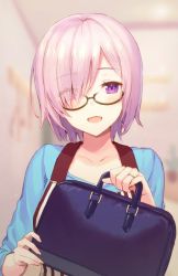 Rule 34 | 1girl, black-framed eyewear, blue shirt, blurry, blush, breasts, collarbone, contemporary, depth of field, dress, eyes visible through hair, fate/grand order, fate (series), glasses, hair over one eye, haru (hiyori-kohal), indoors, looking at viewer, mash kyrielight, medium breasts, open mouth, purple eyes, purple hair, shirt, short hair, solo, striped clothes, striped dress, upper body, vertical-striped clothes, vertical-striped dress