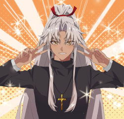 Rule 34 | 1boy, amakusa shirou (fate), blush, brown eyes, commentary request, cross, cross necklace, dark-skinned male, dark skin, double v, earrings, emotional engine - full drive, fate/apocrypha, fate/grand order, fate (series), hair ribbon, highres, jewelry, long hair, long sleeves, looking at viewer, male focus, mutsu (621300), necklace, official alternate hair length, official alternate hairstyle, parted bangs, priest, red ribbon, ribbon, smile, solo, sparkle, teeth, upper body, v, very long hair, white hair, yellow eyes