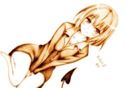 Rule 34 | 1girl, absurdres, breasts, cleavage, dress, food, fruit, highres, icchigood, mixed media, momo velia deviluke, monochrome, peach, red eyes, seiza, short hair, signature, sitting, smile, solo, tail, to love-ru, traditional media, white background