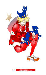 Rule 34 | 1girl, 2018 fifa world cup, :d, animal, animal on head, armor, armored boots, armored dress, blonde hair, boots, cleats, closed eyes, england, english flag, fang, full body, nike (company), on head, open mouth, pauldrons, red legwear, short hair, shoulder armor, simple background, smile, soccer, star (symbol), white background, white footwear, world cup, yu yanshu