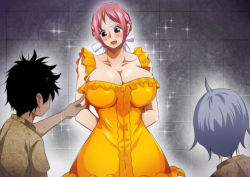 Rule 34 | 1girl, 2boys, breasts, cleavage, huge breasts, large breasts, multiple boys, one piece, pink hair, qdoujin (pixiv44648813), rebecca (one piece)