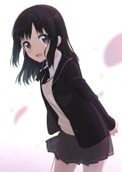 Rule 34 | 10s, 1girl, arms behind back, bad id, bad twitter id, black hair, black skirt, blurry, blush, cowboy shot, depth of field, gotyou, grey eyes, highres, jacket, leaning forward, looking at viewer, open clothes, open jacket, open mouth, petals, pleated skirt, school uniform, seiren, sidelocks, skirt, smile, solo, sweater, touno kyouko