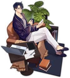Rule 34 | 1boy, artist request, black hair, blue footwear, book, bookshelf, cellphone, computer, cup, from above, game cg, grey shirt, highres, holding, holding cup, holding phone, laptop, crossed legs, mahjong soul, male focus, official art, pants, paper, pen, phone, plant, plant request, rug, saitou osamu, shirt, simple background, sitting, slippers, smartphone, solo, steam, table, tablet pc, third-party source, transparent background, white pants, yostar