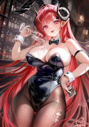 Rule 34 | 1girl, ahoge, alice vu, animal ears, arm strap, azur lane, black bow, black bowtie, black horns, black leotard, bow, bowtie, breasts, card, cleavage, cowboy shot, cup, curled horns, demon girl, detached collar, fake animal ears, fangs, hand on own hip, highres, hindenburg (azur lane), hindenburg (delirious duel) (azur lane), holding, holding card, holding cup, horns, large breasts, leotard, official alternate costume, pantyhose, pink pupils, playboy bunny, playing card, pointy ears, pouring, pouring onto self, rabbit ears, red hair, smile, strapless, strapless leotard, torn clothes, torn pantyhose, undersized breast cup, wrist cuffs