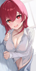 Rule 34 | 1girl, @ @, blush, breasts, cleavage, heterochromia, highres, hololive, houshou marine, large breasts, long hair, looking at viewer, lying, naked shirt, on side, open mouth, oritonagi, red eyes, shirt, smile, solo, virtual youtuber, white shirt, yellow eyes