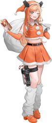 Rule 34 | 1girl, blue eyes, breasts, christmas, dress, fur-trimmed dress, fur-trimmed headwear, fur-trimmed skirt, fur trim, gift, gloves, hat, headgear, holding, holding sack, kantai collection, kiddy (c2 kikan), long hair, looking at viewer, medium breasts, orange hair, orange hat, orange skirt, sack, salmon (kancolle), santa costume, santa dress, santa gloves, santa hat, skirt, smile, solo, transparent background