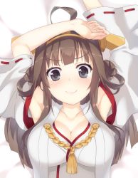Rule 34 | 10s, 1girl, aa-rance, ahoge, armpits, arms up, bad id, bad pixiv id, blush, breasts, brown hair, cleavage, collarbone, detached sleeves, double bun, female focus, gradient background, hair bun, hairband, headgear, kantai collection, kongou (kancolle), large breasts, long hair, looking at viewer, nontraditional miko, ribbon-trimmed sleeves, ribbon trim, smile, solo, upper body