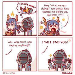 Rule 34 | 1girl, 1other, 4koma, ambiguous gender, anger vein, arknights, black coat, black jacket, blue hair, blush, blush stickers, breath weapon, breathing fire, ch&#039;en (arknights), coat, comic, commentary, doctor (arknights), dragon horns, english commentary, english text, fire, highres, hood, hood up, hooded coat, hooded jacket, horns, jacket, long hair, necktie, pointing, poking, shirt, sparkle, thought bubble, twitter username, wittle red, yellow necktie