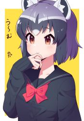 Rule 34 | 1girl, alternate costume, animal ears, black sweater, blue hair, blush, bow, bowtie, buttons, commentary request, common raccoon (kemono friends), grey hair, hand on own face, highres, kemono friends, long sleeves, multicolored hair, raccoon ears, raccoon girl, red bow, red bowtie, sailor collar, school uniform, short hair, sleeves past wrists, solo, sweater, takom, translation request, upper body, yellow eyes
