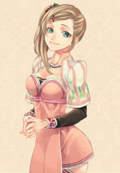 Rule 34 | 1girl, breasts, brown hair, cowboy shot, driselle k. sharil, green eyes, hair ornament, hairclip, hands together, interlocked fingers, jewelry, lace, lace background, light smile, long sleeves, medium breasts, miho (mi), necklace, side ponytail, tales of (series), tales of xillia