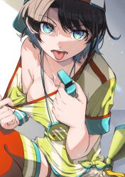 Rule 34 | 1girl, absurdres, aqua eyes, backwards hat, baseball cap, black hair, breasts, cleavage, clothes pull, collarbone, hat, highres, holding, holding whistle, hololive, looking at viewer, medium breasts, off-shoulder shirt, off shoulder, oozora subaru, oozora subaru (1st costume), saico isshin, shadow, shirt, shirt pull, short hair, shorts, simple background, sitting, solo, stopwatch, tongue, tongue out, virtual youtuber, watch, whistle, whistle around neck