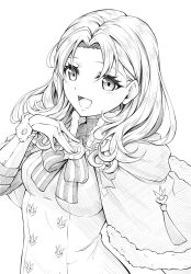 Rule 34 | 1girl, annette fantine dominic, bridal gauntlets, capelet, eyelashes, fire emblem, fire emblem: three houses, fur trim, greyscale, long hair, looking at viewer, monochrome, nintendo, open mouth, ribbon, simple background, smile, solo, ten (tenchan man), upper body, white background