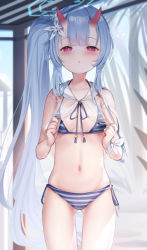 Rule 34 | 1girl, :o, absurdres, bare arms, bikini, blue archive, blue hair, blunt bangs, blush, breasts, chise (blue archive), chise (swimsuit) (blue archive), cowboy shot, detached collar, flower, gluteal fold, hair flower, hair ornament, half-closed eyes, halo, halterneck, hands up, highres, holding, horns, long hair, looking at viewer, oni horns, parted lips, ponytail, red eyes, sailor collar, side-tie bikini bottom, side ponytail, sidelocks, small breasts, solo, somray, stomach, striped bikini, striped clothes, swimsuit, tassel, two-tone bikini, very long hair, white sailor collar