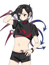 Rule 34 | 1girl, asymmetrical wings, black gloves, black hair, black shirt, black shorts, blue wings, closed mouth, cowboy shot, crop top, flat chest, gloves, hand on own head, hand on own hip, highres, houjuu nue, midriff, navel, red eyes, red wings, shirt, short hair, short sleeves, shorts, single glove, snake tattoo, solo, stomach, stomach tattoo, tattoo, tomoe (symbol), touhou, vuluhappy, wings, wristband