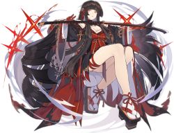 Rule 34 | 1girl, absurdly long hair, ark order, artist request, bare shoulders, black footwear, black hair, black kimono, blood, blood on hands, blunt bangs, breasts, expressionless, facial mark, floating, floating object, floating weapon, full body, geta, hair ribbon, hime cut, izanagi no mikoto (ark order), japanese clothes, katana, kimono, large breasts, leg ribbon, long hair, long sleeves, looking at viewer, official art, platform clogs, pom pom (clothes), red kimono, red ribbon, ribbon, sidelocks, sitting, socks, solo, sparkle, sword, tabi, tachi-e, thigh ribbon, transparent background, very long hair, weapon, white socks, wide sleeves, yellow eyes