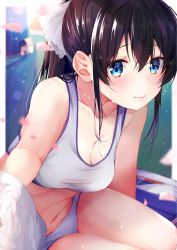 Rule 34 | 1girl, absurdres, black hair, blue eyes, blurry, bow, breasts, buruma, cherry blossoms, cleavage, closed mouth, commentary request, depth of field, hair bow, highres, long hair, looking at viewer, medium breasts, midriff, original, petals, ponytail, rouka (akatyann), sitting, solo, sports bikini, sports bra, sweat, towel, wet