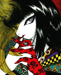 Rule 34 | 1girl, black hair, black nails, earrings, eyeliner, floral print, highres, japanese clothes, jewelry, lipstick, long hair, looking to the side, makeup, nail polish, own hands together, real life, red lips, single earring, smile, solo, veil, yamaguchi sayoko, yamakita higashi