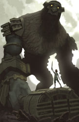 Rule 34 | 1boy, cloud, cloudy sky, club (weapon), colossus, fur, glowing, glowing eyes, shadow of the colossus, size difference, sky, surcoat, sword, valus (shadow of the colossus), vince price, wander (shadow of the colossus), weapon, yellow eyes