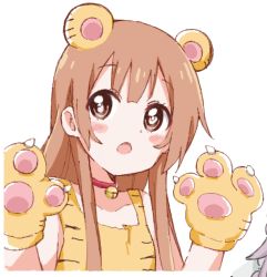 Rule 34 | 1girl, blush, breasts, brown eyes, brown hair, commentary request, costume, gloves, long hair, looking at viewer, mesushio, oomuro-ke, oomuro hanako, open mouth, small breasts, solo, two side up, white background, yuru yuri