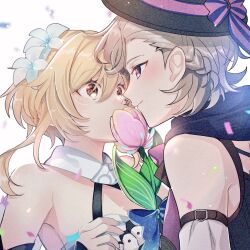 Rule 34 | 1boy, 1girl, bare shoulders, blonde hair, blush, bon@villa, confetti, covered mouth, dress, eye contact, flower, from side, genshin impact, gloves, hair between eyes, hair flower, hair ornament, hat, hetero, holding, holding flower, imminent kiss, light brown hair, looking at another, lumine (genshin impact), lyney (genshin impact), purple eyes, scarf, short braid, short hair, short hair with long locks, smile, top hat, upper body, white background, white dress, white flower, white scarf, yellow eyes