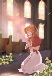 Rule 34 | 1girl, aerith gainsborough, artist name, bangle, bracelet, braid, braided ponytail, breasts, brown hair, church, cleavage, closed eyes, cropped jacket, dress, falling petals, final fantasy, final fantasy vii, final fantasy vii rebirth, final fantasy vii remake, flower, hair ribbon, highres, jacket, jewelry, kneeling, lily (flower), long dress, long hair, medium breasts, parted bangs, petals, pink dress, pink ribbon, praying, puffy short sleeves, puffy sleeves, red jacket, ribbon, short sleeves, sidelocks, signature, single braid, solo, stained glass, vanekairi, wavy hair, white flower, wooden floor, yellow flower