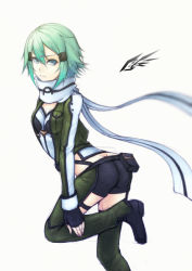 Rule 34 | 10s, 1girl, aqua hair, ass, bad id, bad pixiv id, black gloves, blue eyes, breasts, butt crack, cleavage, closed mouth, expressionless, female focus, fingerless gloves, gloves, green eyes, green hair, kyoeiki, long sleeves, looking at viewer, matching hair/eyes, scarf, short hair, short shorts, shorts, simple background, sinon, solo, sword art online, white background