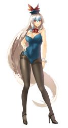 Rule 34 | 1girl, absurdly long hair, alternate costume, arm at side, bare shoulders, black footwear, black pantyhose, blue hair, blue hat, blush, bow, bowtie, detached collar, full body, hair between eyes, hair bow, hand on own hip, hat, high heels, highres, kamishirasawa keine, legs apart, leotard, long hair, multicolored hair, pantyhose, playboy bunny, red bow, red bowtie, red eyes, seamed legwear, shoes, side-seamed legwear, silence girl, silver hair, simple background, smile, solo, standing, strapless, strapless leotard, thighband pantyhose, touhou, very long hair, white background, wrist cuffs