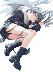 Rule 34 | 1girl, bare shoulders, black footwear, black hair, black jacket, black shorts, blue eyes, boots, breasts, horns, jacket, jacket partially removed, long hair, long sleeves, looking at viewer, lying, ne-on, on side, original, parted lips, short shorts, shorts, simple background, solo, tail, thighs, white background, wings
